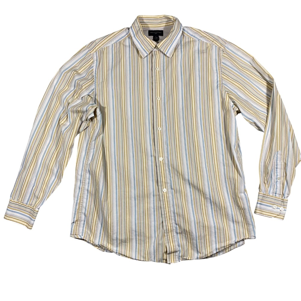 Banana Republic Striped‎ Button Down Mens Large White Blue Yellow Long Sleeve